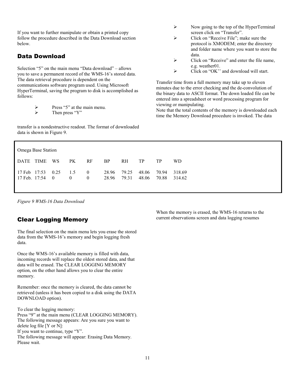 Figure 9 wms-16 data download, Clear logging memory | Omega WMS-16 User Manual | Page 12 / 23