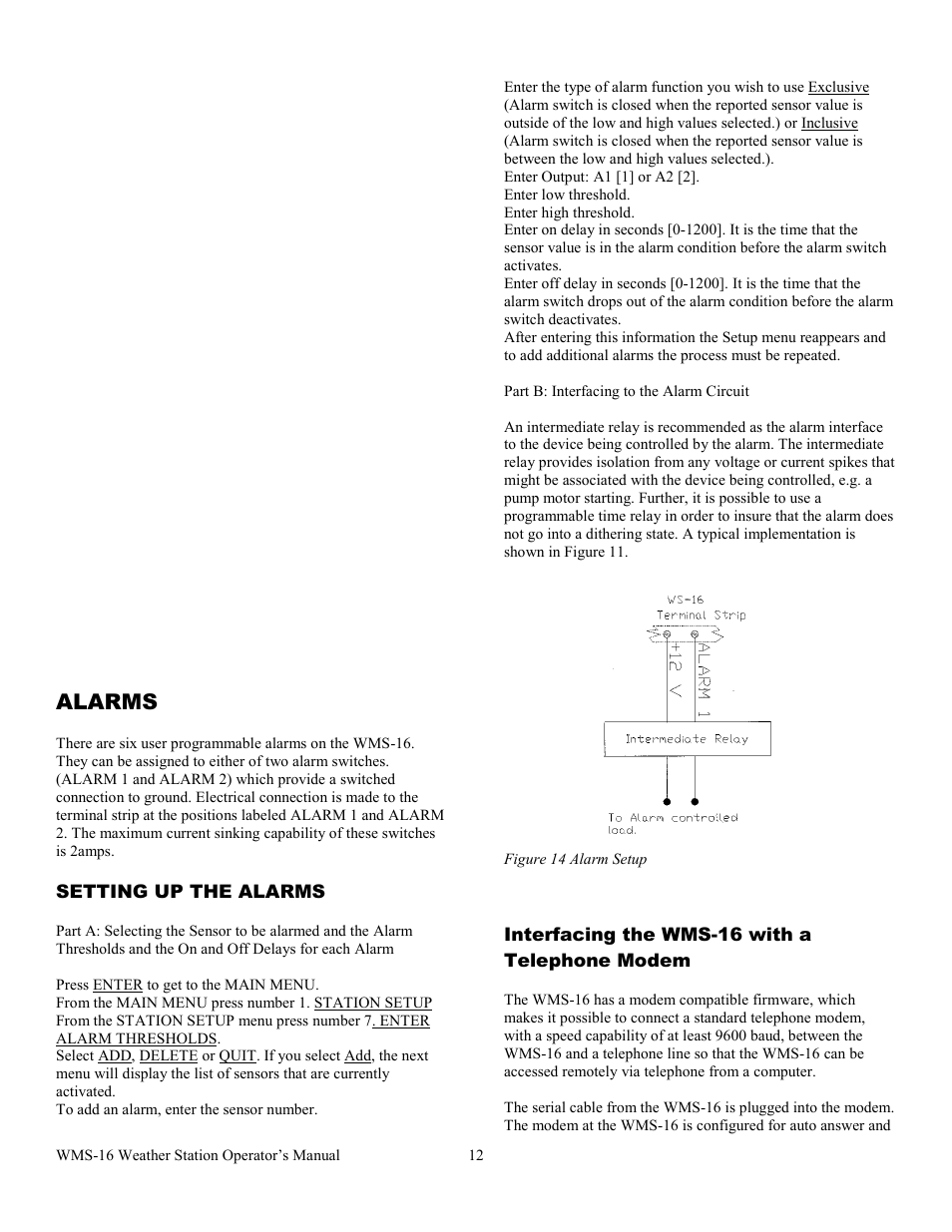 Alarms, Setting up the alarms, Interfacing the wms-16 with a telephone modem | Omega WMS-16 User Manual | Page 13 / 23