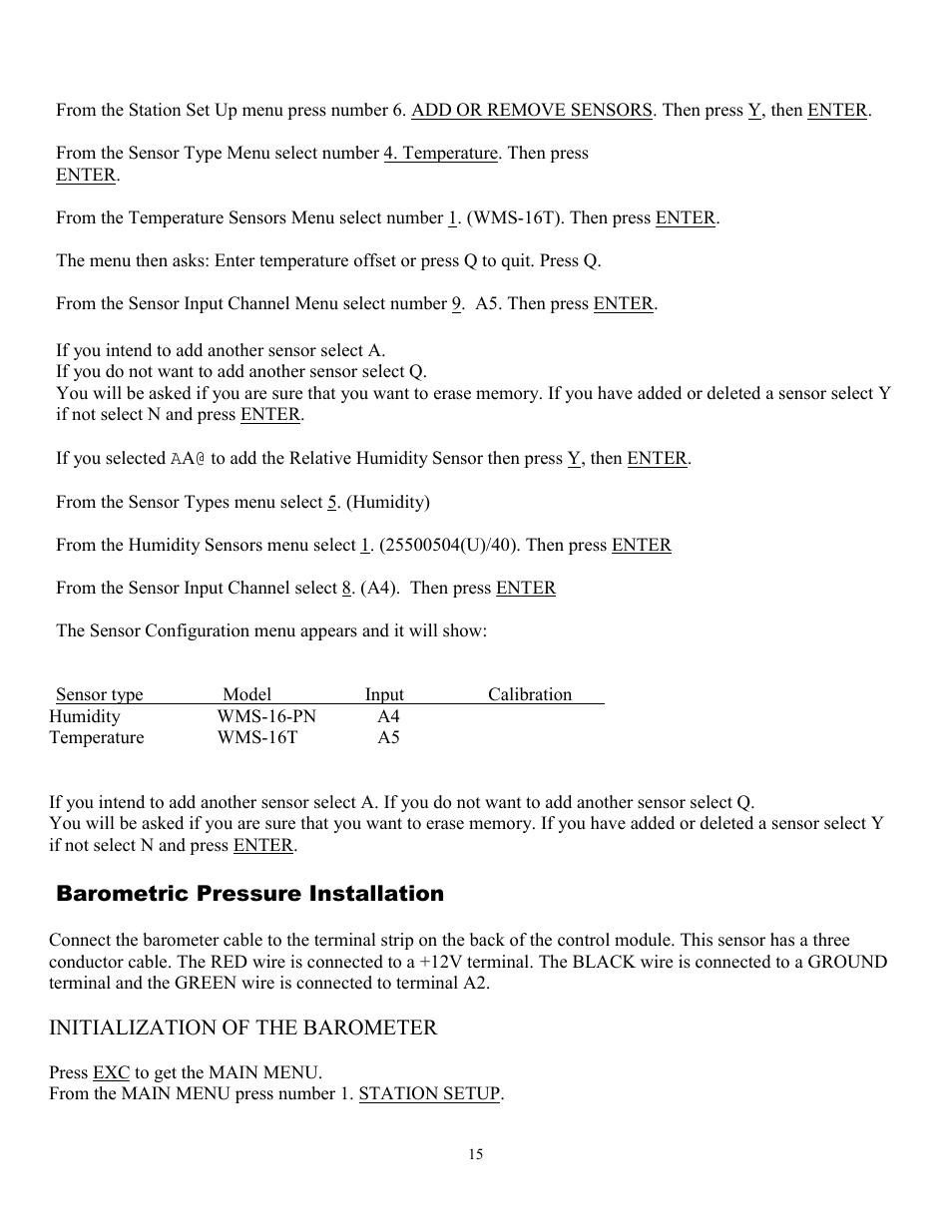 Barometric pressure installation | Omega WMS-16 User Manual | Page 16 / 23