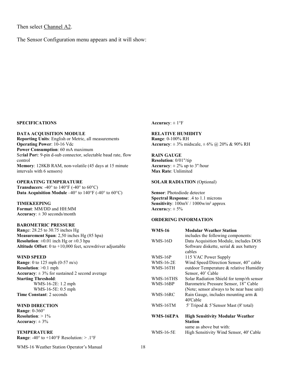 Specifications, Data acquisition module, Operating temperature | Timekeeping, Barometric pressure, Wind speed, Wind direction, Temperature, Relative humidity, Rain gauge | Omega WMS-16 User Manual | Page 19 / 23