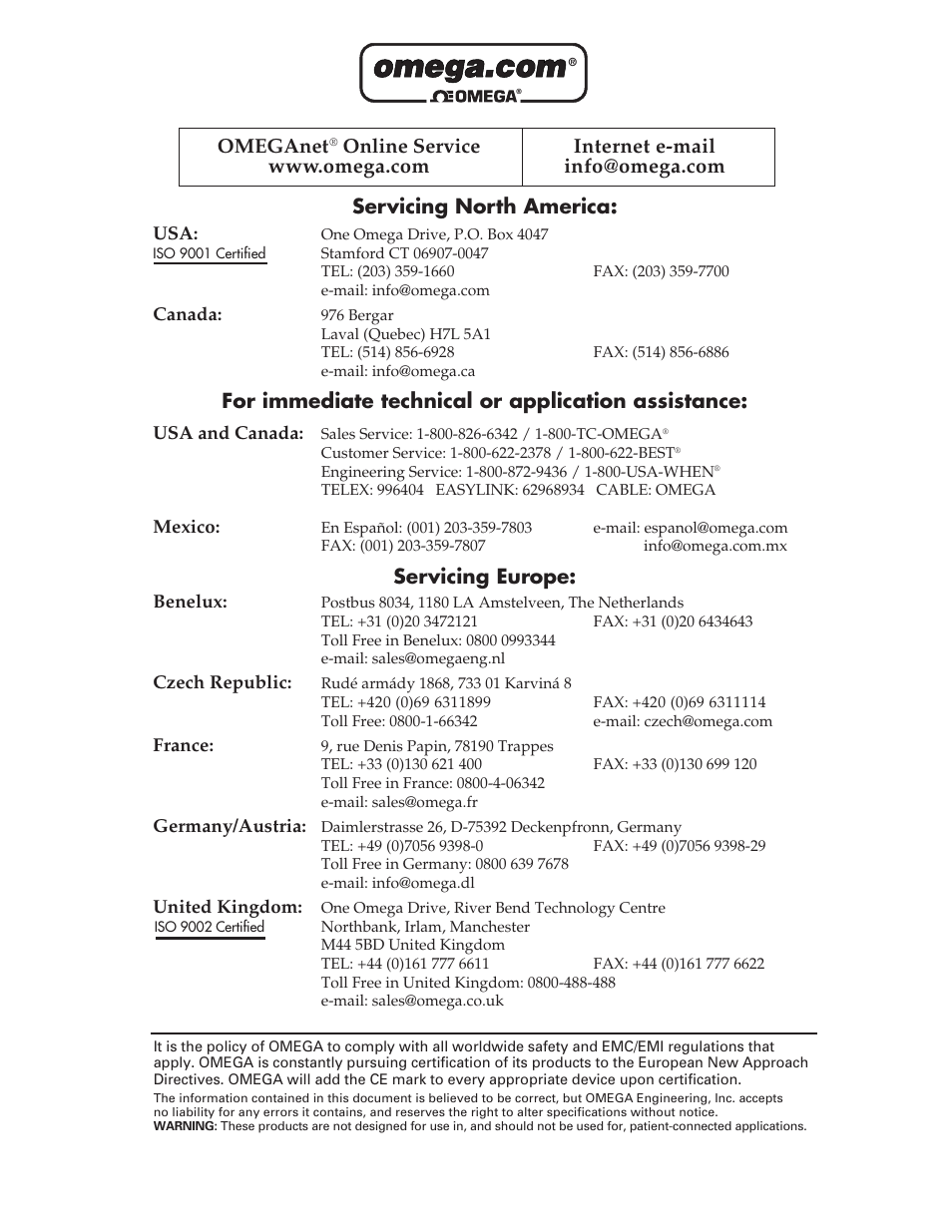 Servicing north america, For immediate technical or application assistance, Servicing europe | Omeganet | Omega WMS-16 User Manual | Page 22 / 23