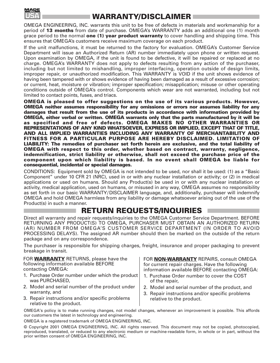 Warranty/disclaimer, Return requests/inquiries | Omega WMS-16 User Manual | Page 23 / 23