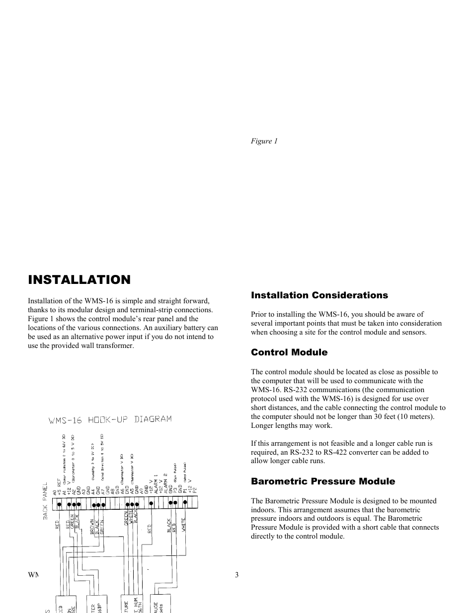 Installation, Figure 1, Installation considerations | Control module, Barometric pressure module, Tripod tower, Lightning protection and grounding | Omega WMS-16 User Manual | Page 4 / 23