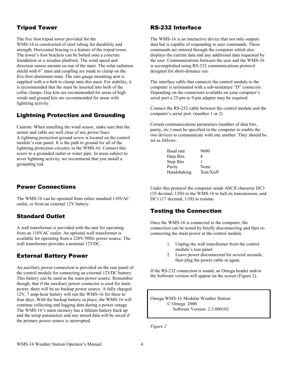 Power connections, Standard outlet, External battery power | Rs-232 interface, Testing the connection, Figure 2, Sensor installation, Table 1: maximum sensor cable lengths | Omega WMS-16 User Manual | Page 5 / 23