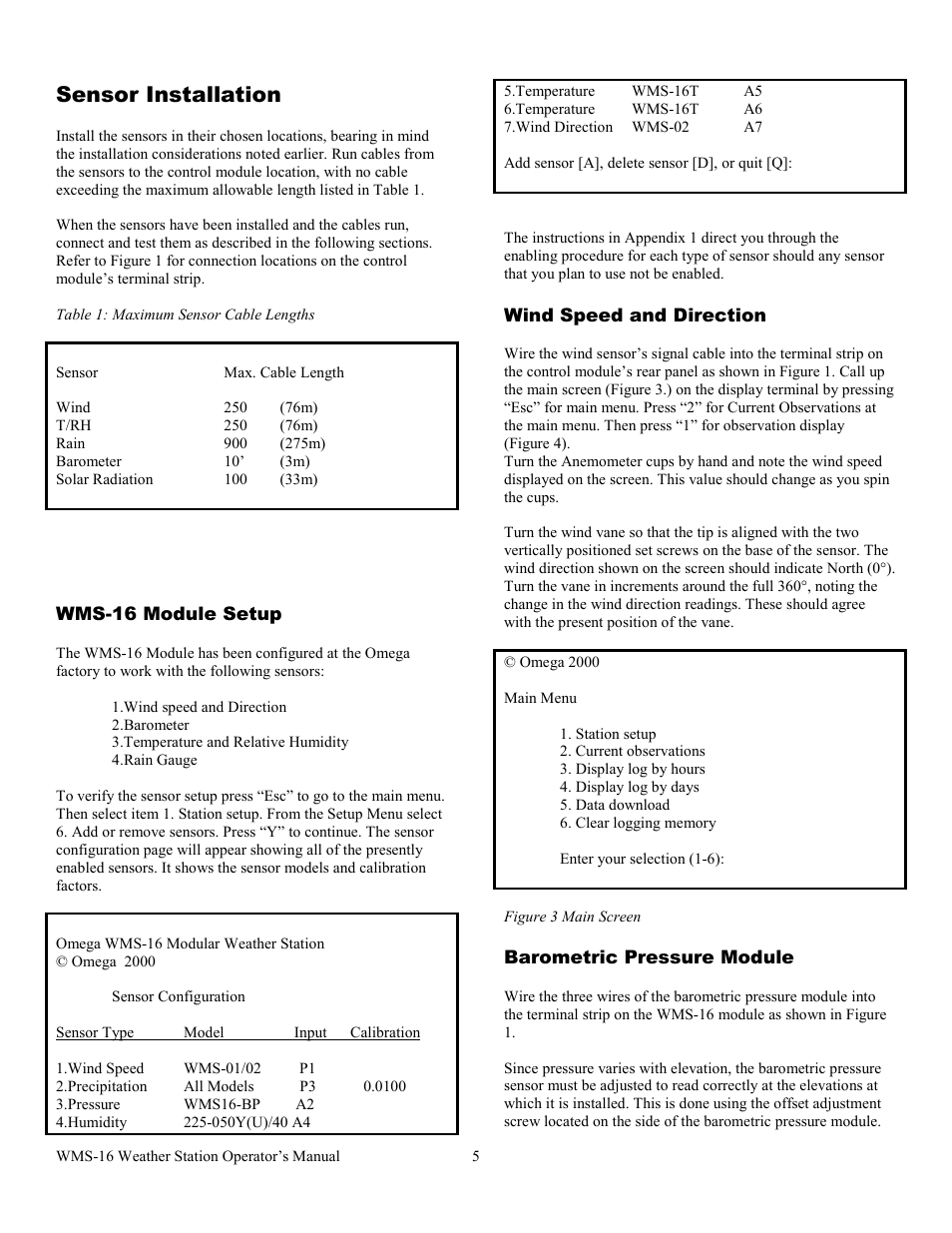 Wms-16 module setup, Sensor type model input calibration, Wind speed and direction | Figure 3 main screen, Barometric pressure module, Sensor installation | Omega WMS-16 User Manual | Page 6 / 23