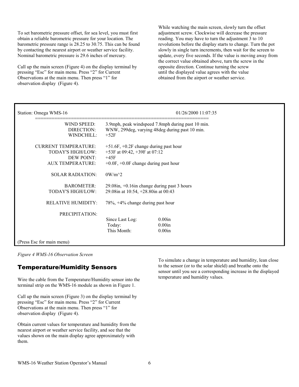 Figure 4 wms-16 observation screen, Temperature/humidity sensors | Omega WMS-16 User Manual | Page 7 / 23