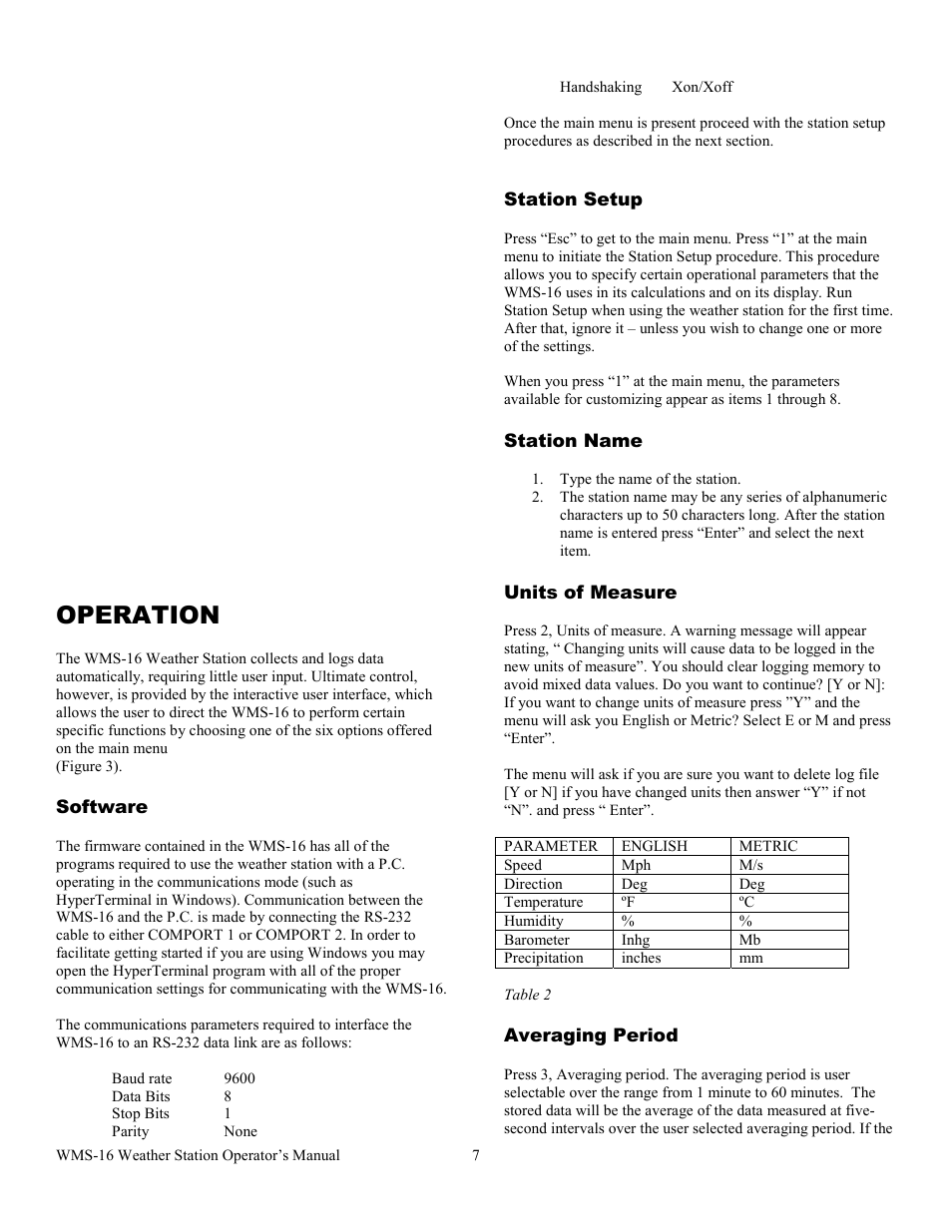 Operation, Software, Station setup | Station name, Units of measure, Table 2, Averaging period, Logging period | Omega WMS-16 User Manual | Page 8 / 23