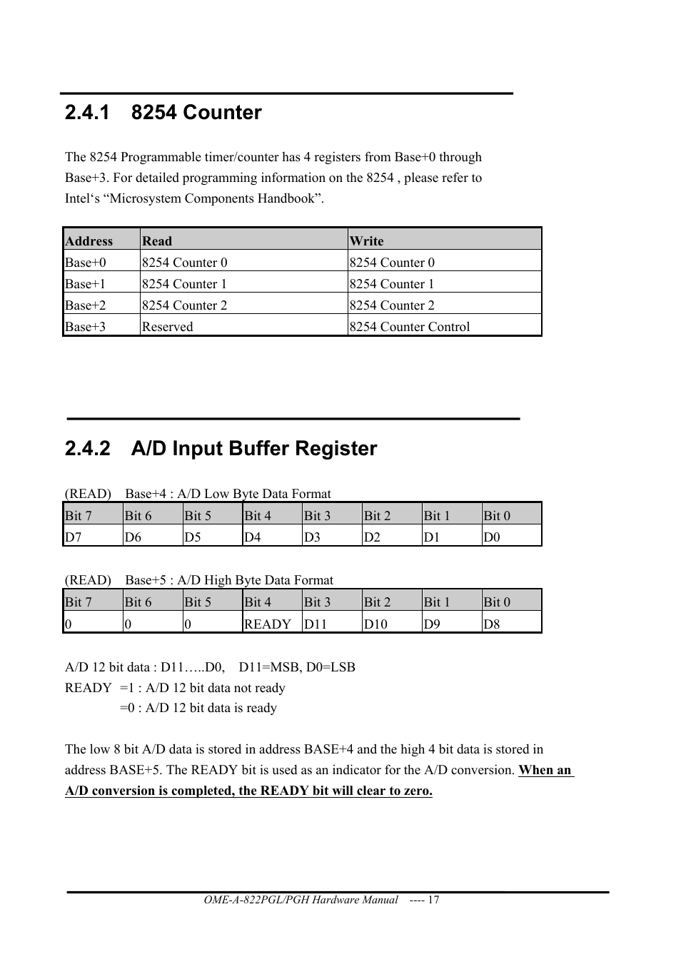 8254 counter, A/d input buffer register, 2 a/d input buffer register | Omega ISA- BUS MULTI-FUNCTIONAL BOARD OME-A822PG User Manual | Page 19 / 63