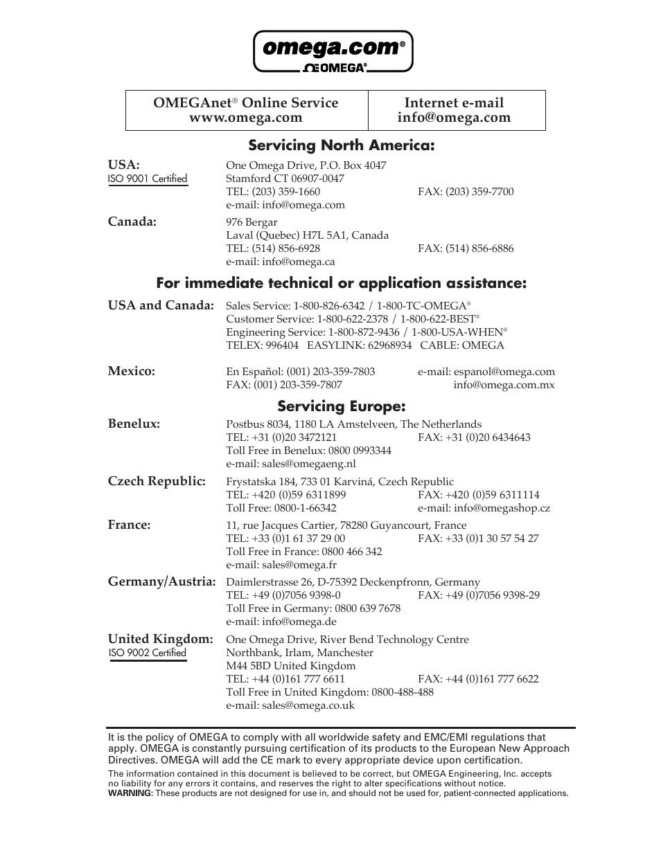 Servicing north america, For immediate technical or application assistance, Servicing europe | Omeganet | Omega ISA- BUS MULTI-FUNCTIONAL BOARD OME-A822PG User Manual | Page 2 / 63