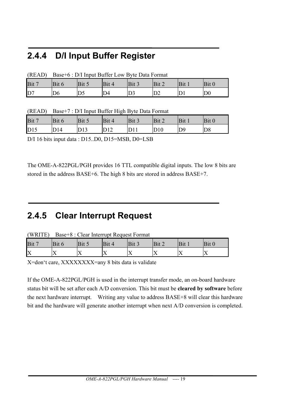 D/i input buffer register, Clear interrupt request, 4 d/i input buffer register | 5 clear interrupt request | Omega ISA- BUS MULTI-FUNCTIONAL BOARD OME-A822PG User Manual | Page 21 / 63