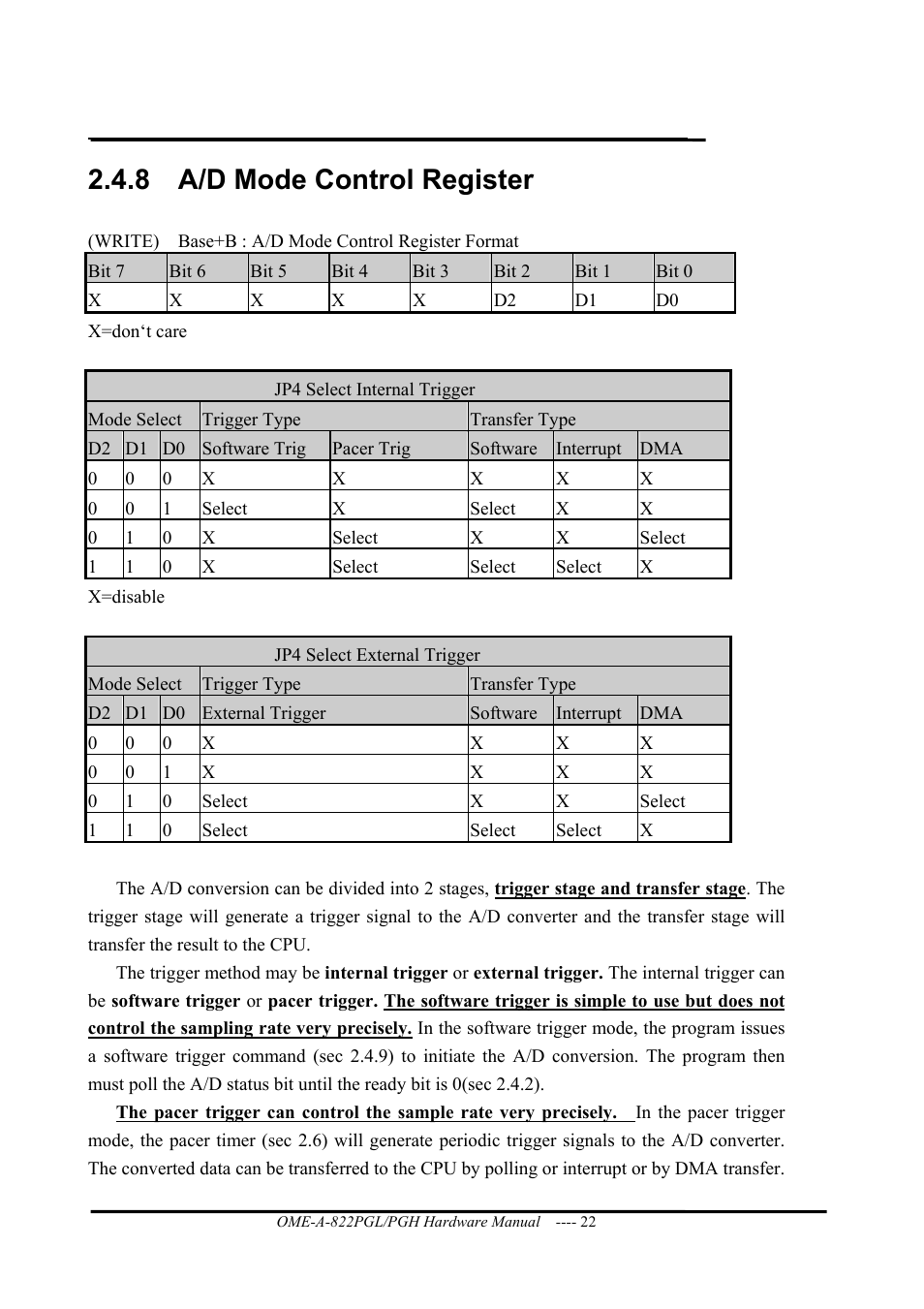 A/d mode control register, 8 a/d mode control register | Omega ISA- BUS MULTI-FUNCTIONAL BOARD OME-A822PG User Manual | Page 24 / 63