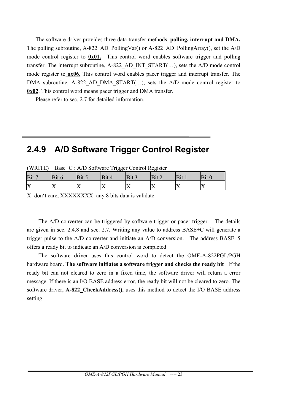 A/d software trigger control register, 9 a/d software trigger control register | Omega ISA- BUS MULTI-FUNCTIONAL BOARD OME-A822PG User Manual | Page 25 / 63