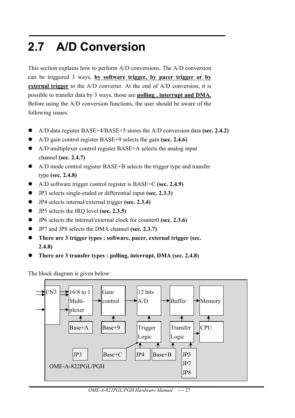 A/d conversion, 7 a/d conversion | Omega ISA- BUS MULTI-FUNCTIONAL BOARD OME-A822PG User Manual | Page 29 / 63