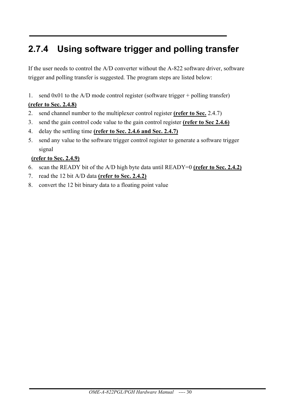 Using software trigger and polling transfer, 4 using software trigger and polling transfer | Omega ISA- BUS MULTI-FUNCTIONAL BOARD OME-A822PG User Manual | Page 32 / 63