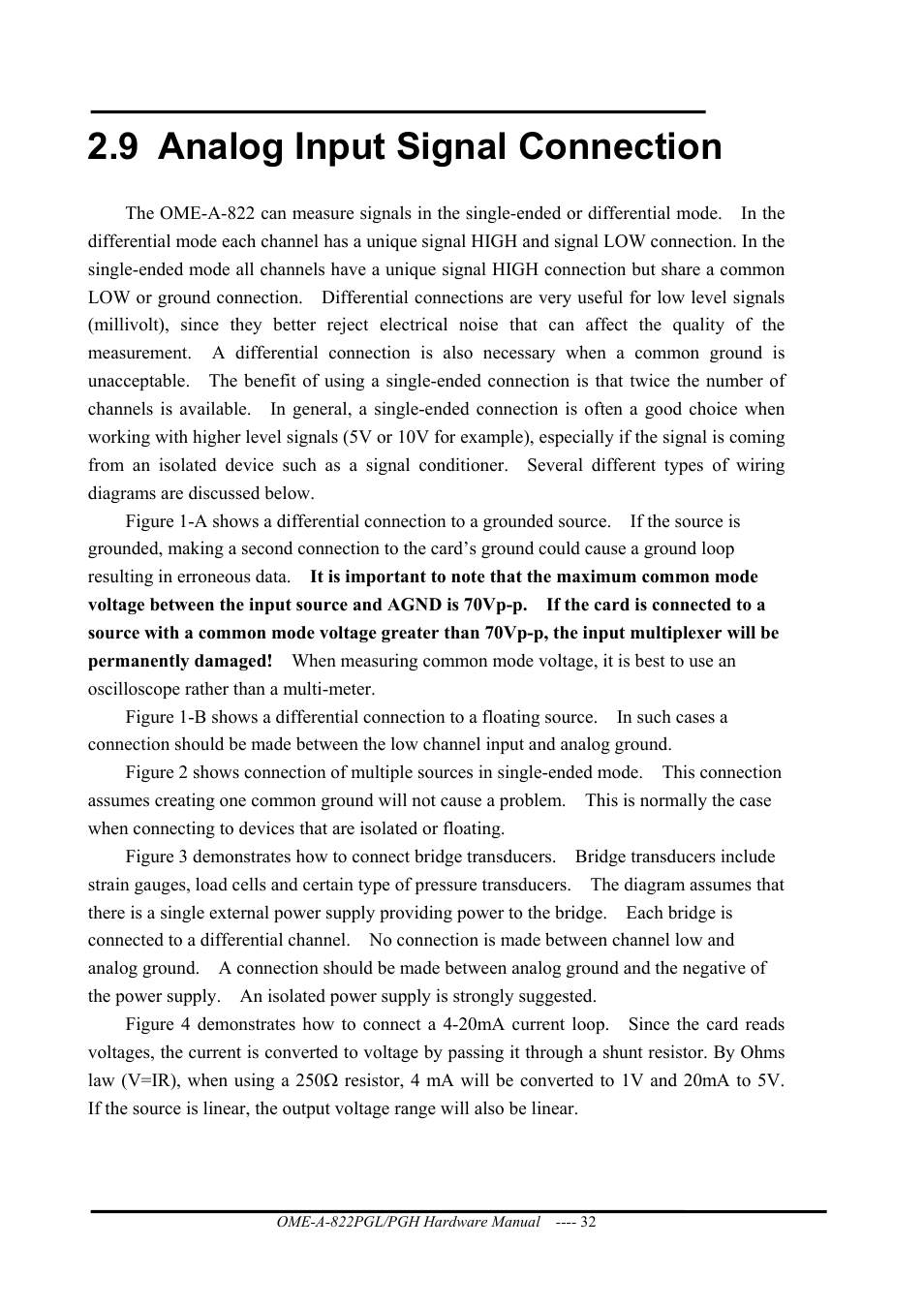 Analog input signal connection, 9 analog input signal connection | Omega ISA- BUS MULTI-FUNCTIONAL BOARD OME-A822PG User Manual | Page 34 / 63