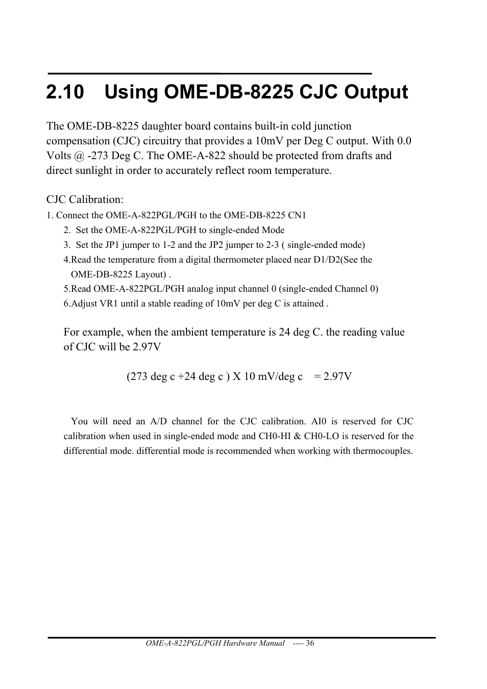 Using ome-db-8225 cjc output | Omega ISA- BUS MULTI-FUNCTIONAL BOARD OME-A822PG User Manual | Page 38 / 63