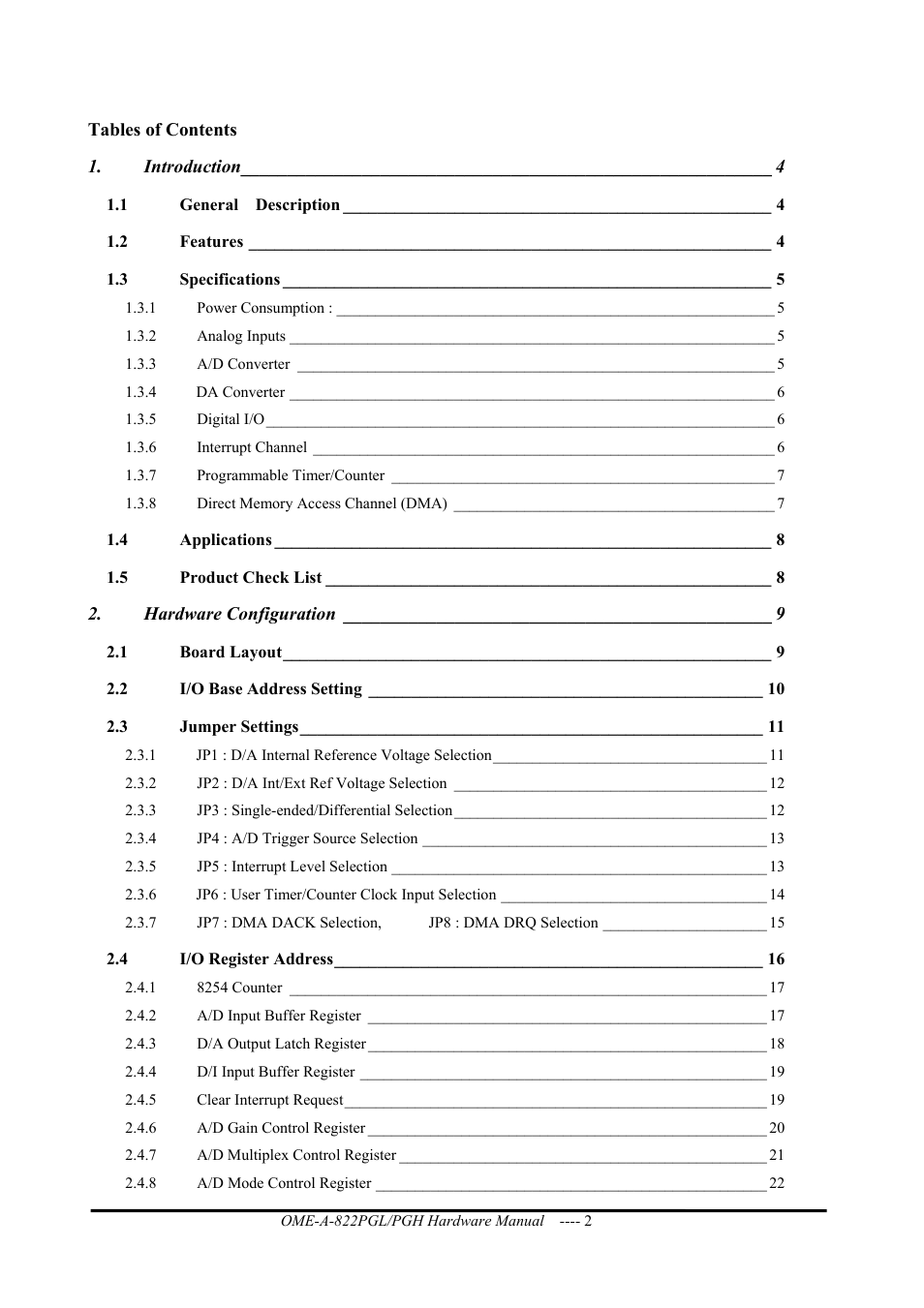 Omega ISA- BUS MULTI-FUNCTIONAL BOARD OME-A822PG User Manual | Page 4 / 63