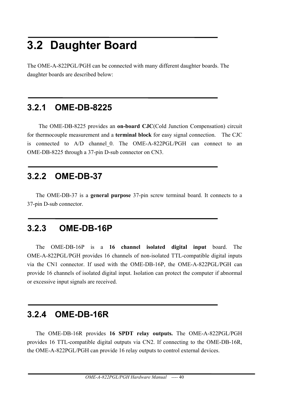 Daughter board, Ome-db-8225, Ome-db-37 | Ome-db-16p, Ome-db-16r, 2 daughter board, 2 ome-db-37, 3 ome-db-16p, 4 ome-db-16r | Omega ISA- BUS MULTI-FUNCTIONAL BOARD OME-A822PG User Manual | Page 42 / 63