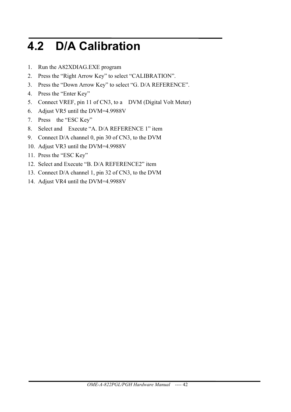 D/a calibration, 2 d/a calibration | Omega ISA- BUS MULTI-FUNCTIONAL BOARD OME-A822PG User Manual | Page 44 / 63