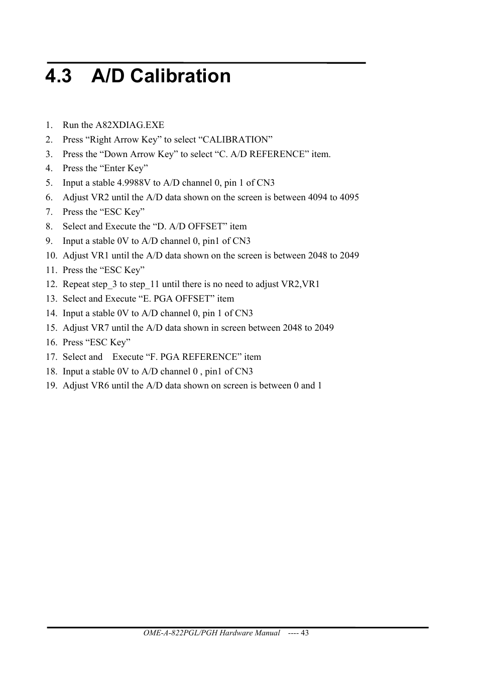 A/d calibration, 3 a/d calibration | Omega ISA- BUS MULTI-FUNCTIONAL BOARD OME-A822PG User Manual | Page 45 / 63