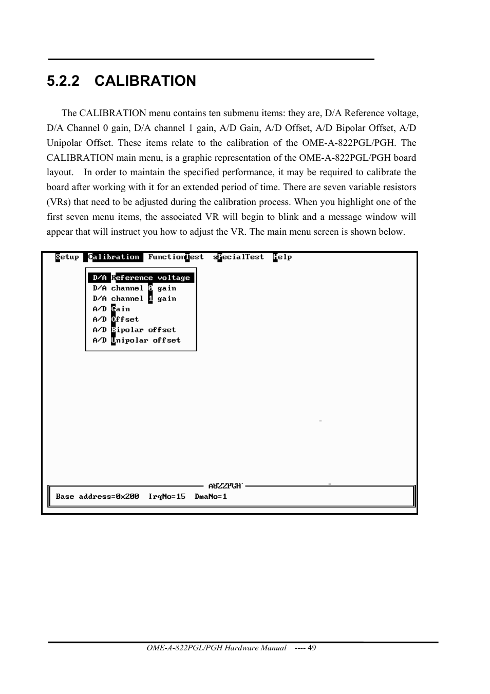 Calibration, 2 calibration | Omega ISA- BUS MULTI-FUNCTIONAL BOARD OME-A822PG User Manual | Page 51 / 63