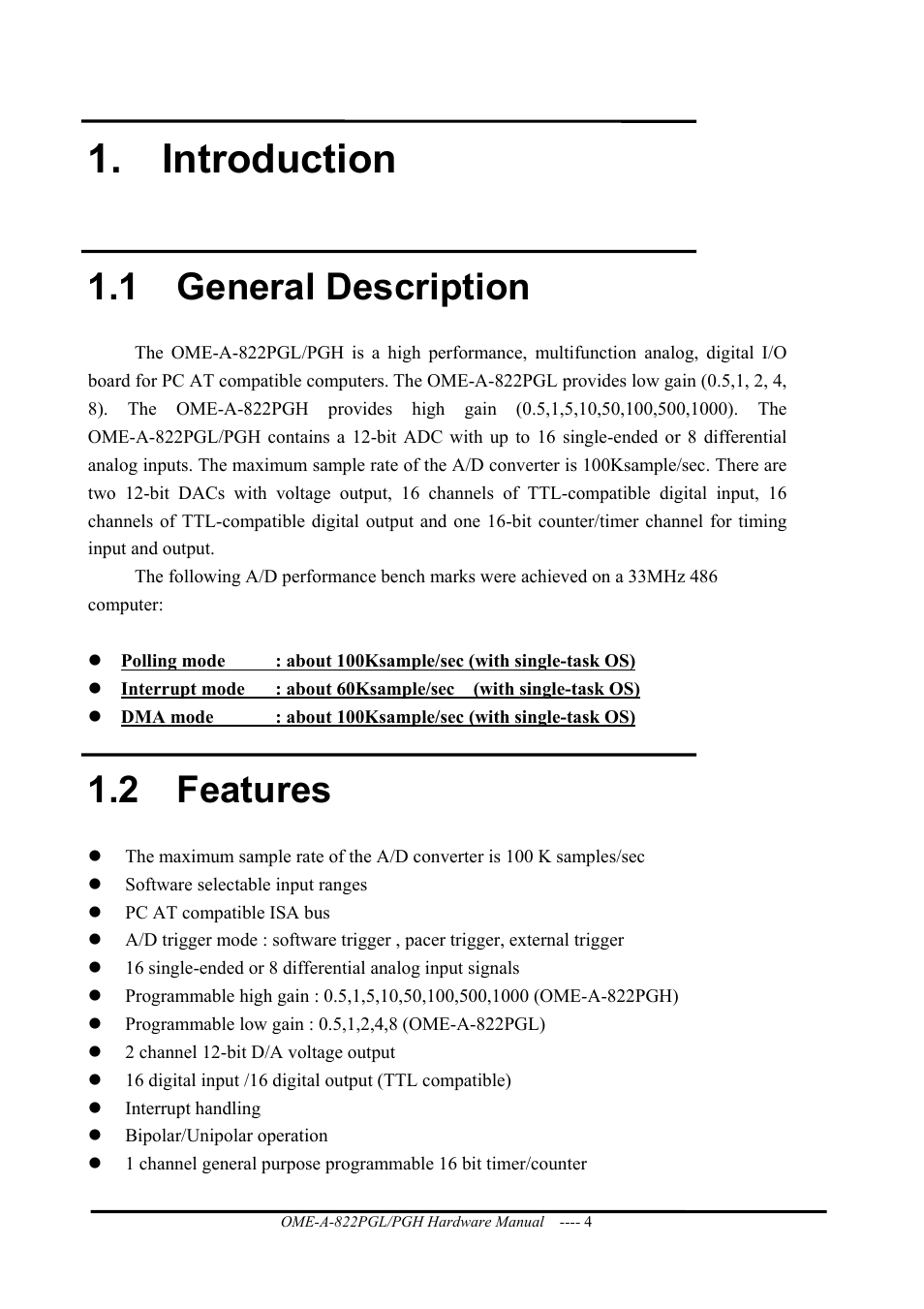 Introduction, General description, Features | 1 general description, 2 features | Omega ISA- BUS MULTI-FUNCTIONAL BOARD OME-A822PG User Manual | Page 6 / 63