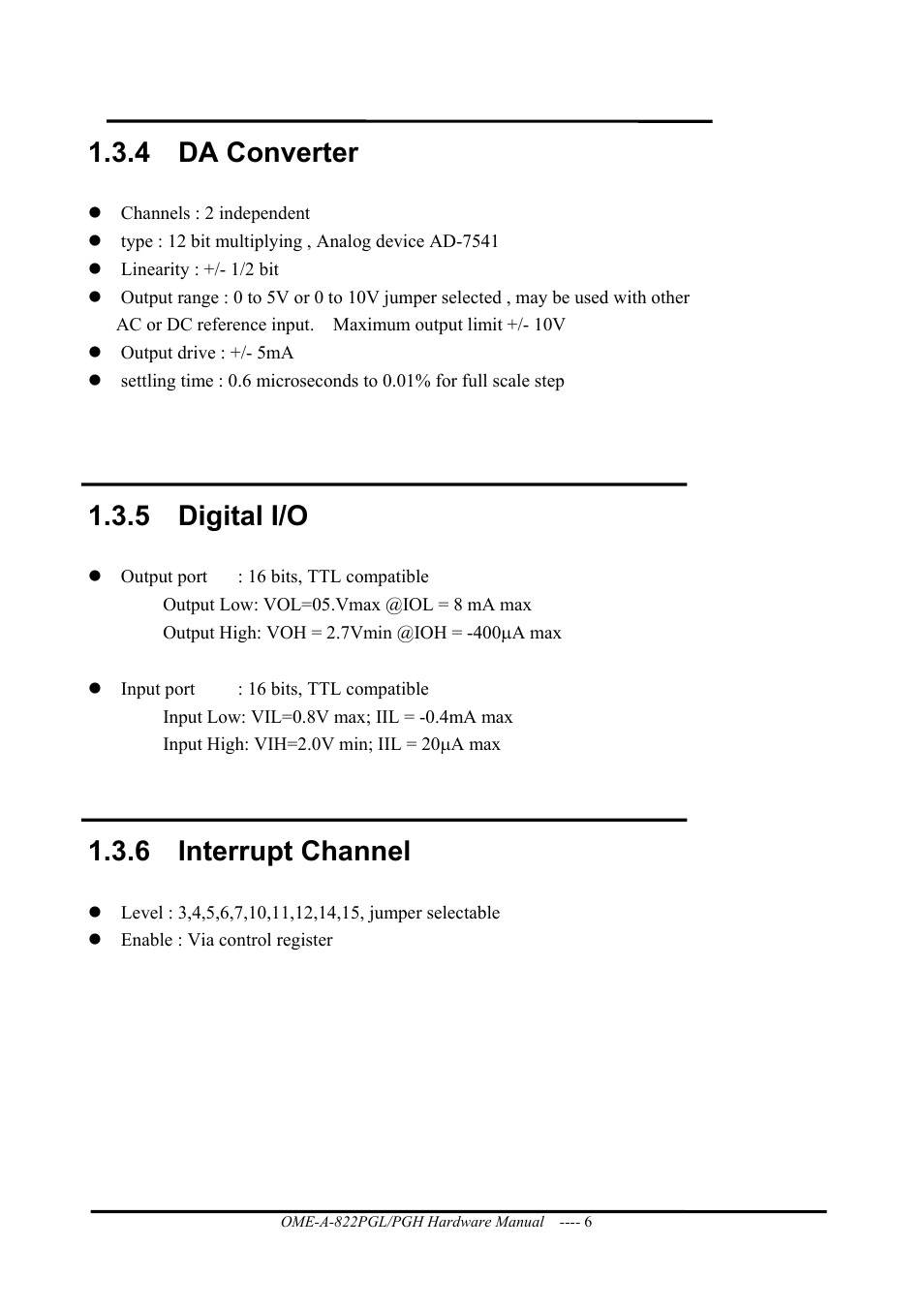 Da converter, Digital i/o, Interrupt channel | 4 da converter, 5 digital i/o, 6 interrupt channel | Omega ISA- BUS MULTI-FUNCTIONAL BOARD OME-A822PG User Manual | Page 8 / 63