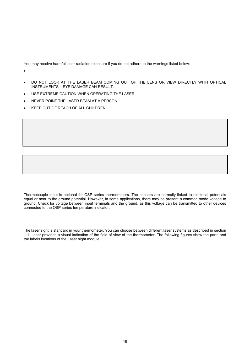 8warnings & cautions, 1 laser sight, 2 analogue input | 3 danger and certification labels | Omega OSP SERIES User Manual | Page 18 / 60