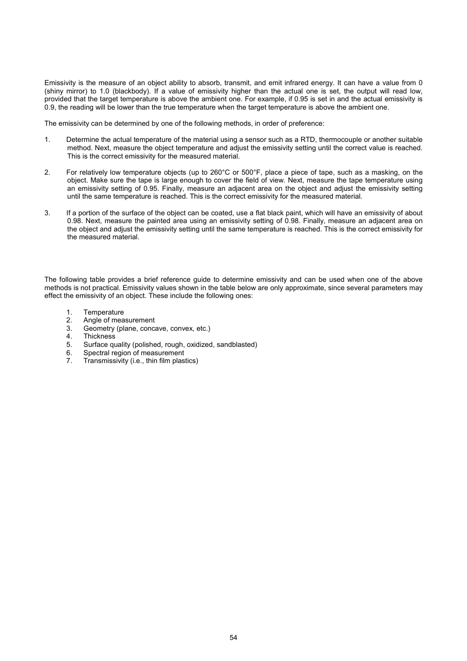 A1 how to determine an object emissivity, A1.1 typical emissivity values | Omega OSP SERIES User Manual | Page 54 / 60