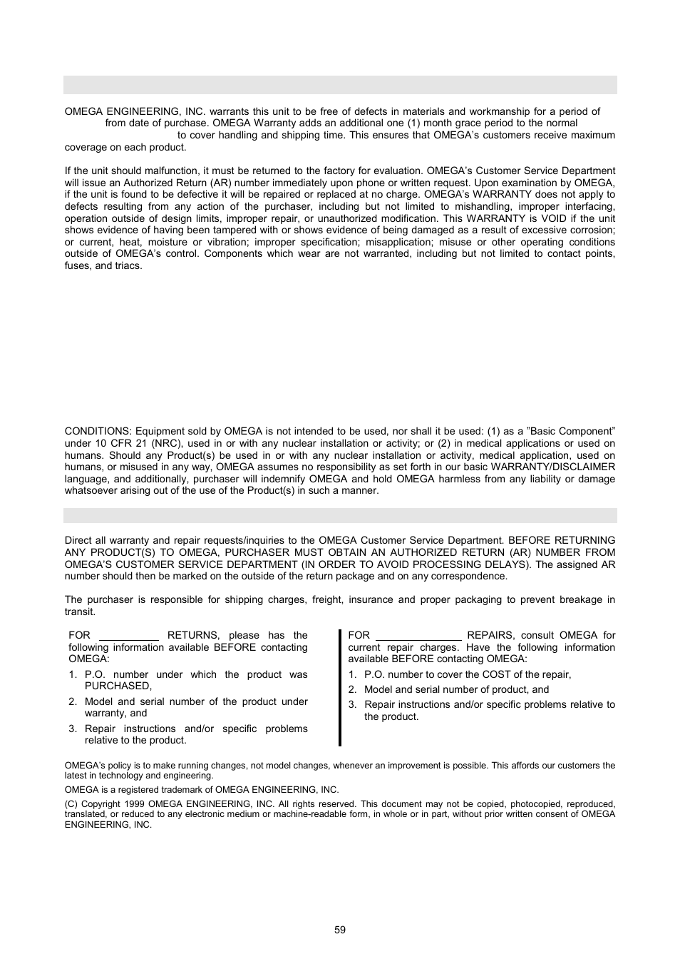 Warranty/disclaimer | Omega OSP SERIES User Manual | Page 59 / 60