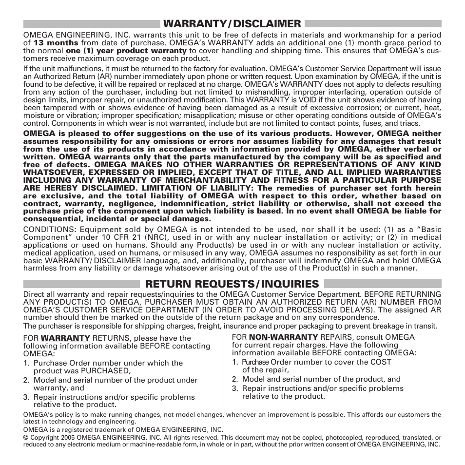 Warranty / disclaimer, Return requests / inquiries | Omega FTB600B User Manual | Page 25 / 26