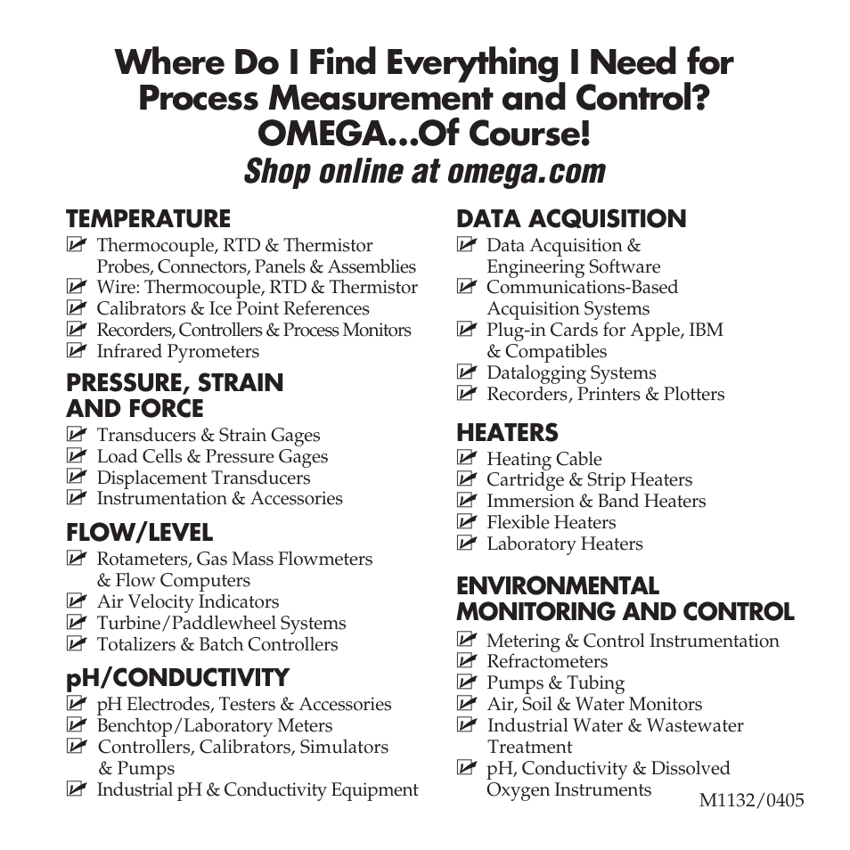 Temperature, Pressure, strain and force, Flow/level | Ph/conductivity, Data acquisition, Heaters, Environmental monitoring and control | Omega FTB600B User Manual | Page 26 / 26