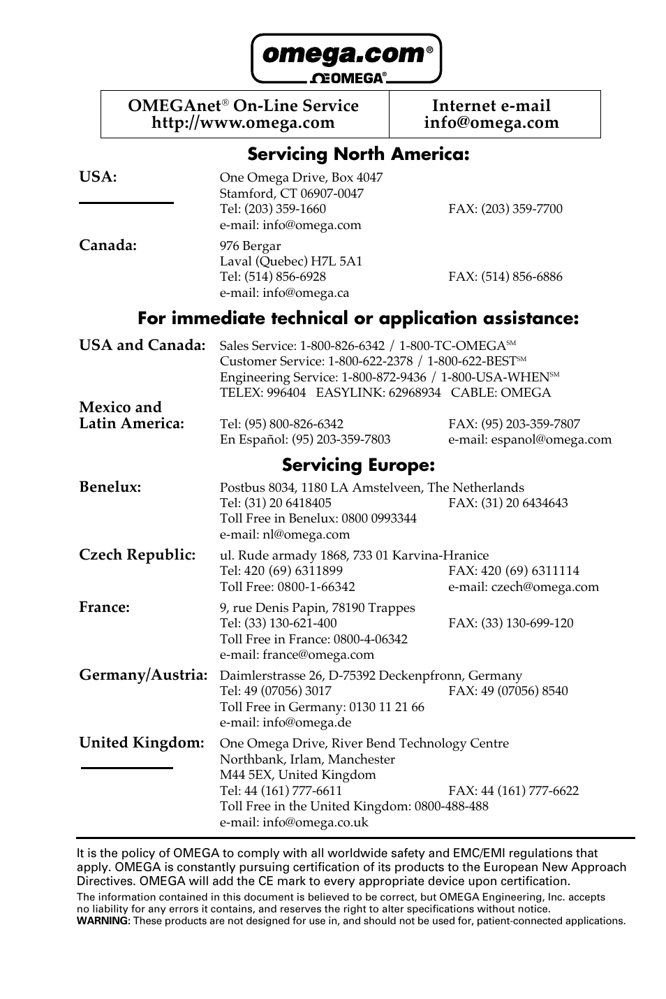 Servicing north america, For immediate technical or application assistance, Servicing europe | Omeganet | Omega CN3440 User Manual | Page 23 / 24