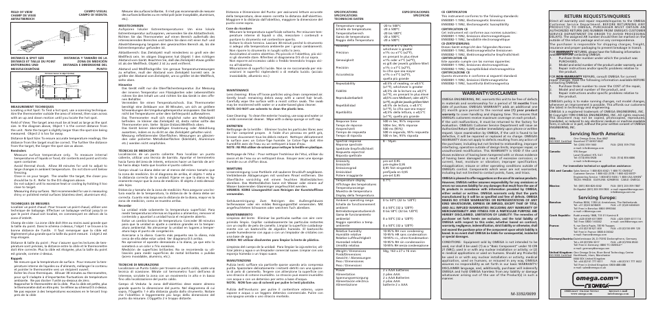 Warranty/disclaimer, Return requests/inquiries, Servicing north america | Servicing europe | Omega OS685 User Manual | Page 2 / 2