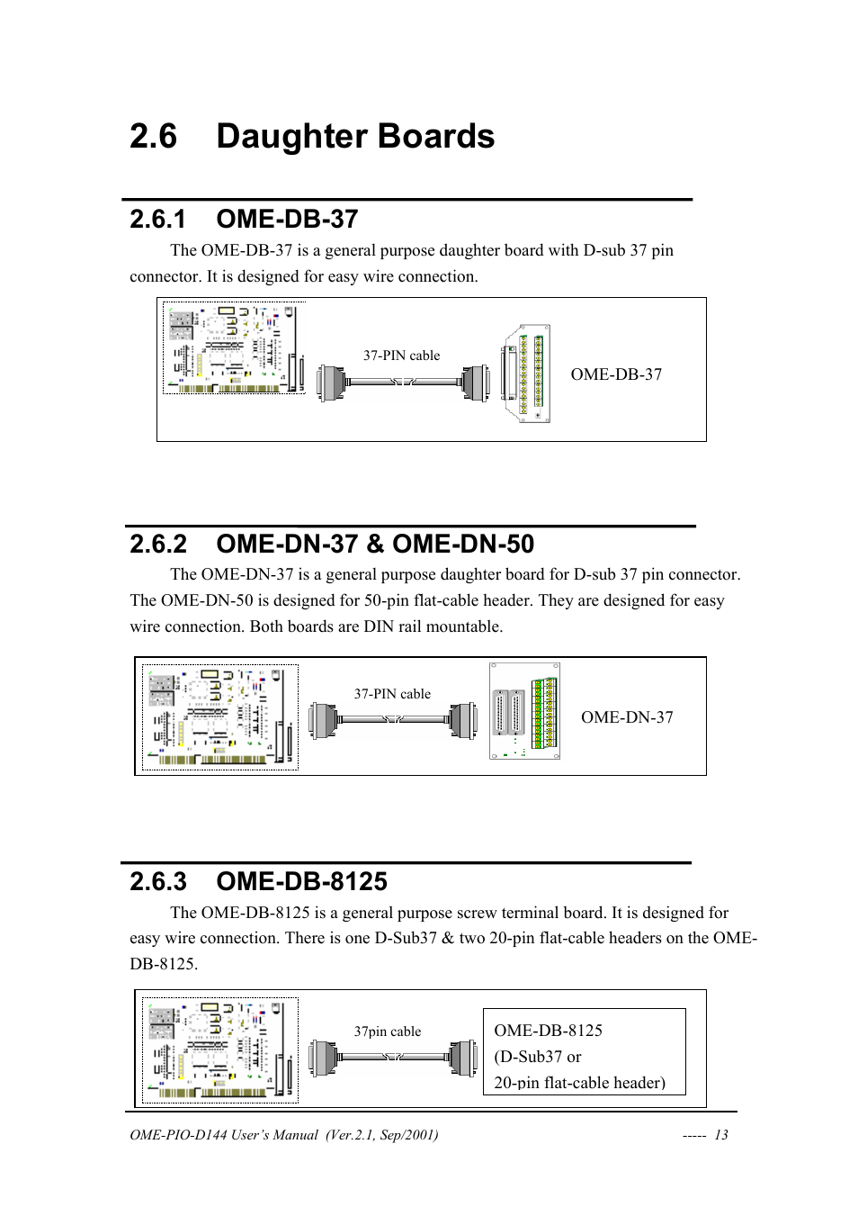 Daughter boards, Ome-db-37, Ome-dn-37 & ome-dn-50 | Ome-db-8125, Aughter, Oards, 6 daughter boards, 1 ome-db-37 | Omega OME-PIO-D144 User Manual | Page 15 / 53