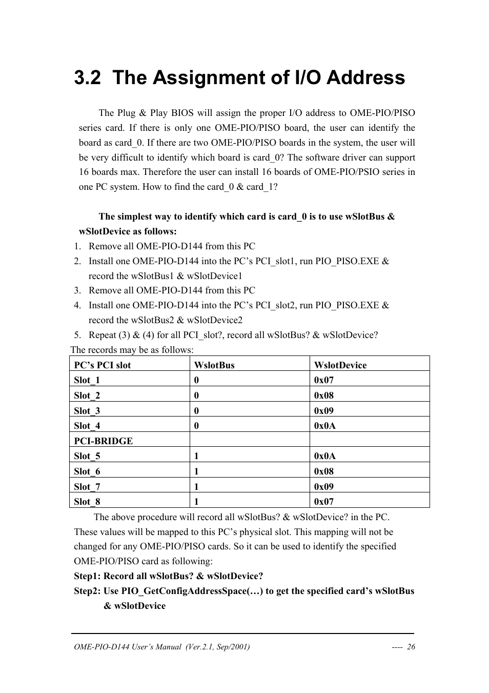 The assignment of i/o address, Ssignment of, Ddress | 2 the assignment of i/o address | Omega OME-PIO-D144 User Manual | Page 28 / 53