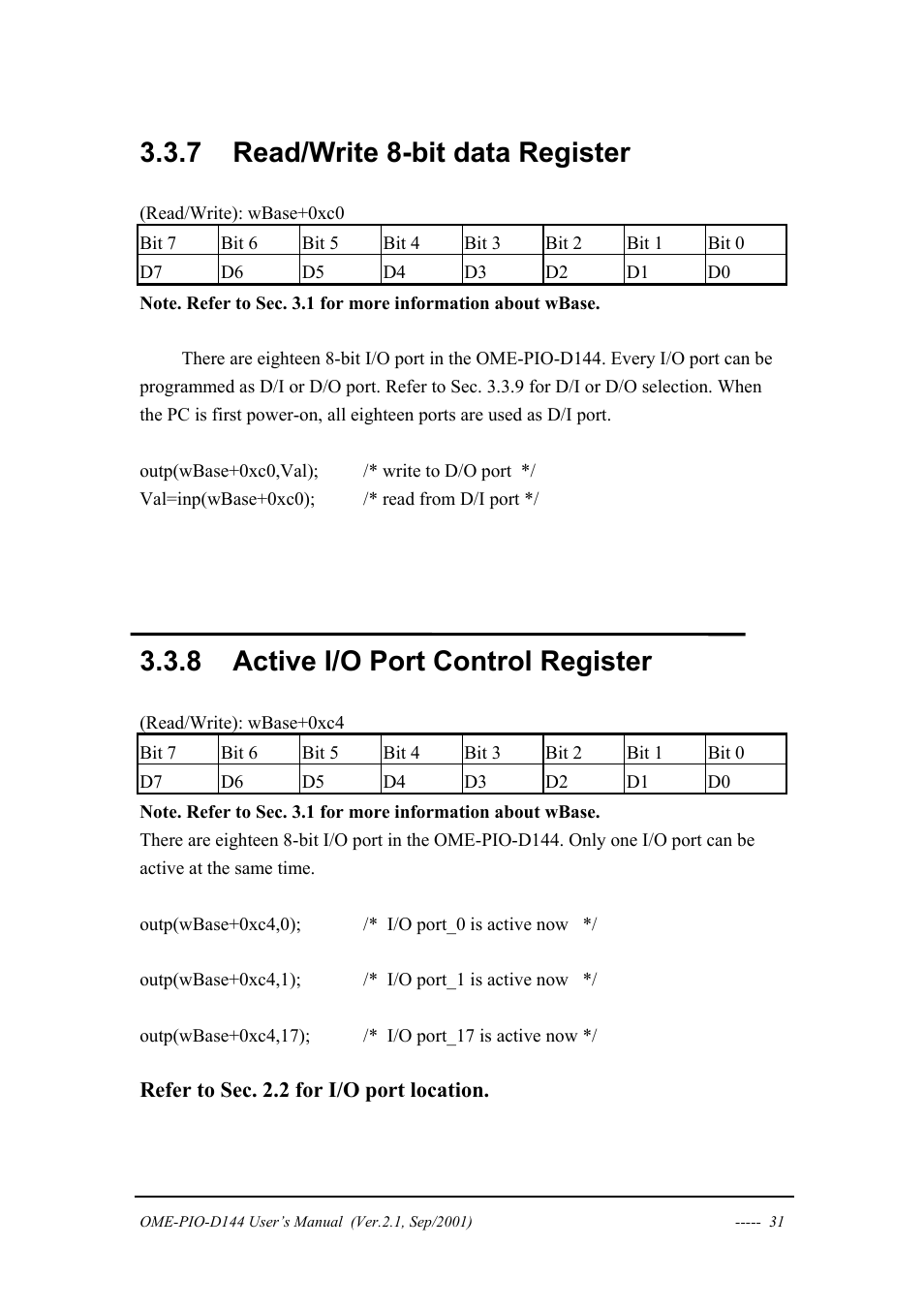 Read/write 8-bit data register, Active i/o port control register, 7 read/write 8-bit data register | 8 active i/o port control register | Omega OME-PIO-D144 User Manual | Page 33 / 53