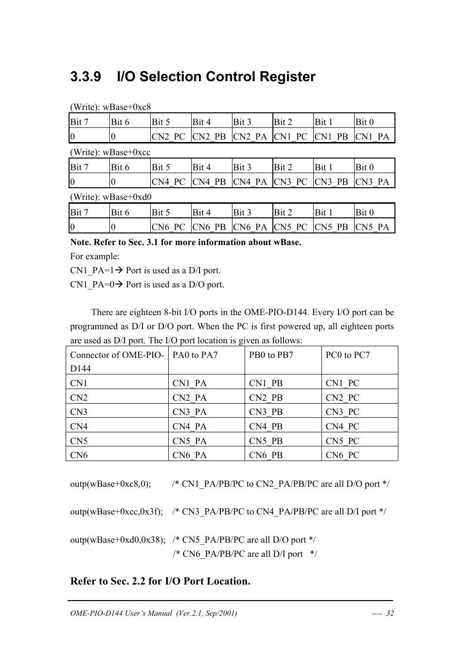 I/o selection control register, 9 i/o selection control register | Omega OME-PIO-D144 User Manual | Page 34 / 53