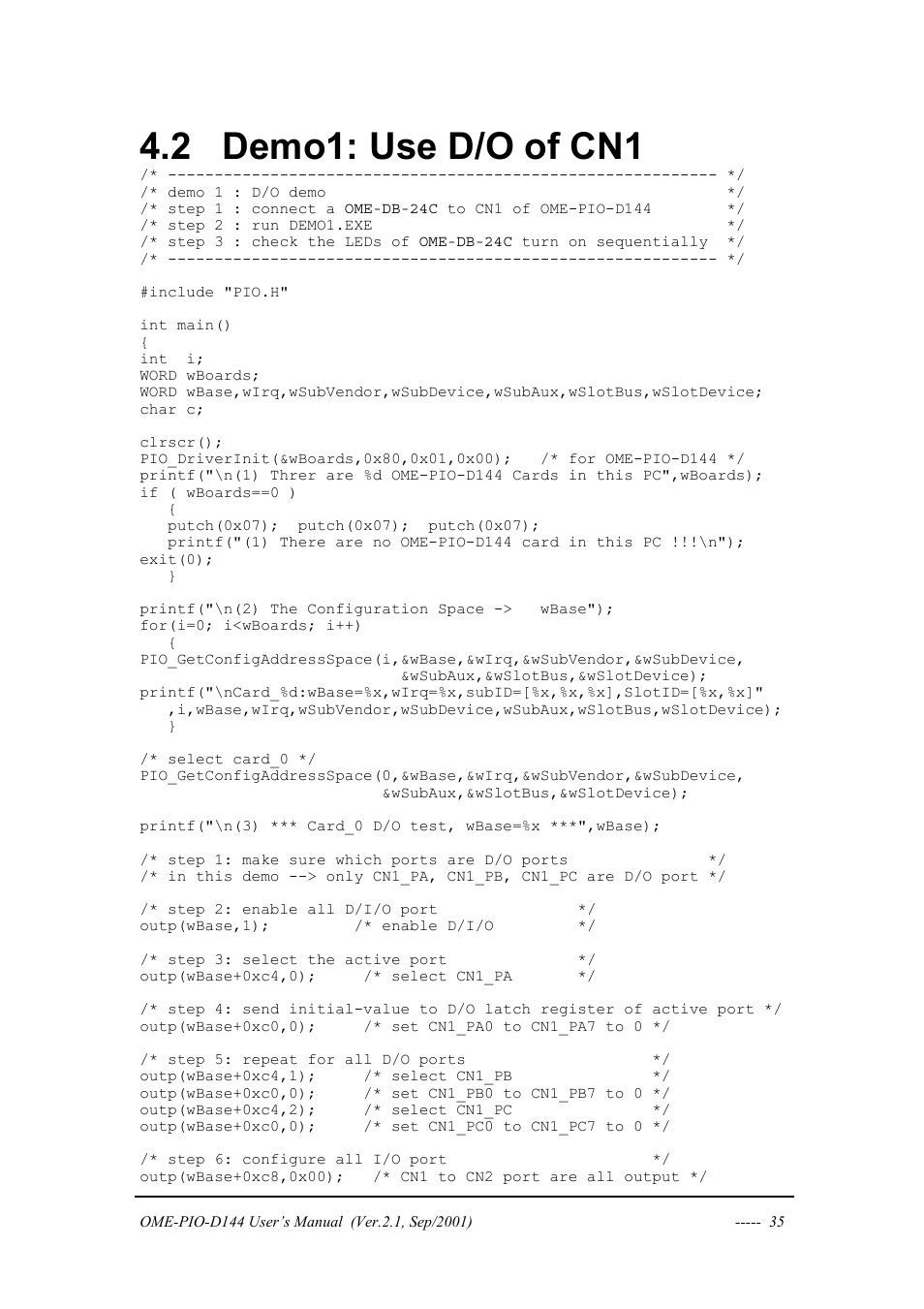 Demo1: use d/o of cn1, 2 demo1: use d/o of cn1 | Omega OME-PIO-D144 User Manual | Page 37 / 53