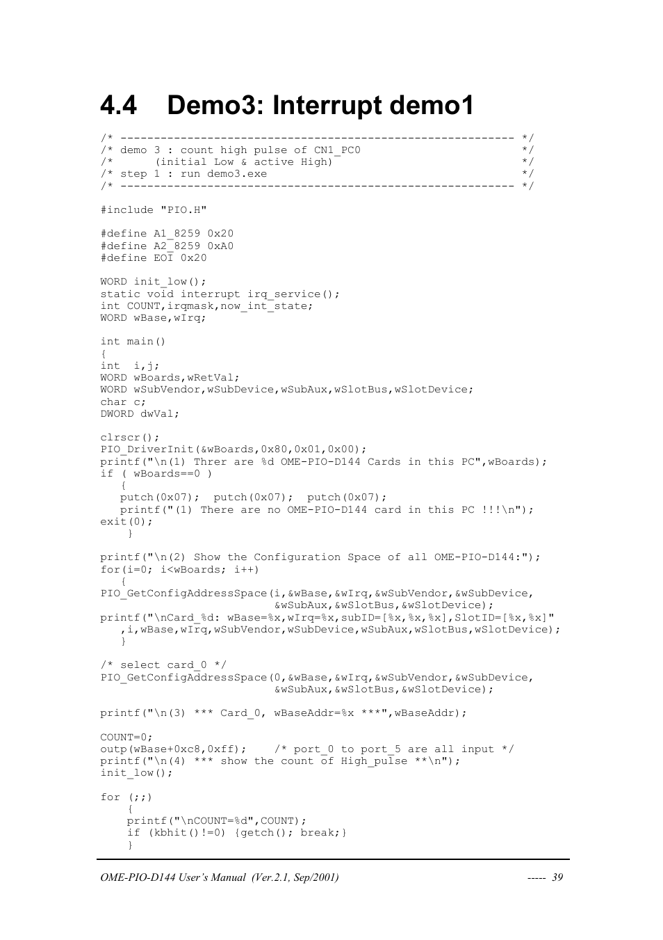 Demo3: interrupt demo1, Nterrupt demo, 4 demo3: interrupt demo1 | Omega OME-PIO-D144 User Manual | Page 41 / 53