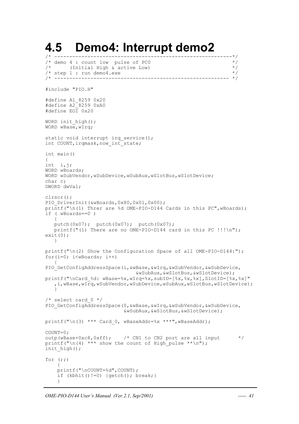 Demo4: interrupt demo2, Nterrupt demo, 5 demo4: interrupt demo2 | Omega OME-PIO-D144 User Manual | Page 43 / 53