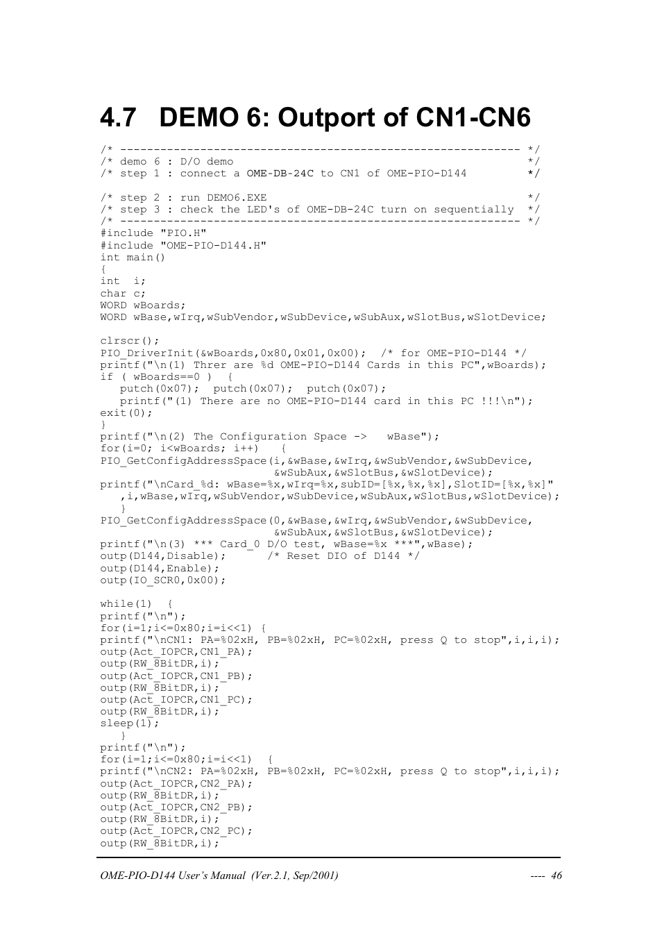 Demo 6: outport of cn1-cn6, Demo, Utport of | Cn1-cn6, 7 demo 6: outport of cn1-cn6 | Omega OME-PIO-D144 User Manual | Page 48 / 53