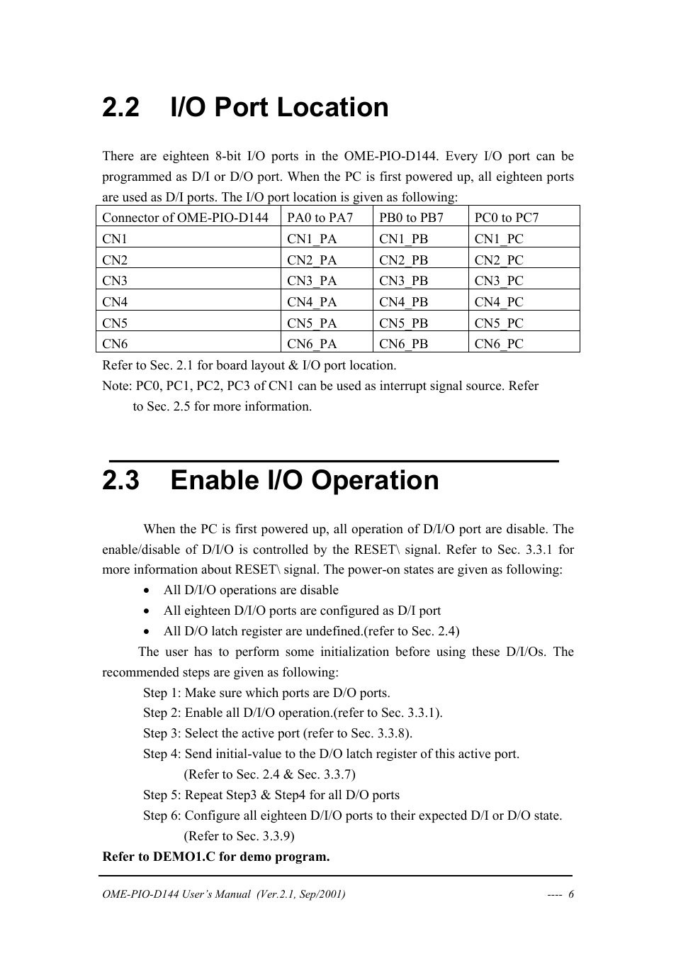 I/o port location, Enable i/o operation, Ocation | Nable, Peration, 2 i/o port location, 3 enable i/o operation | Omega OME-PIO-D144 User Manual | Page 8 / 53