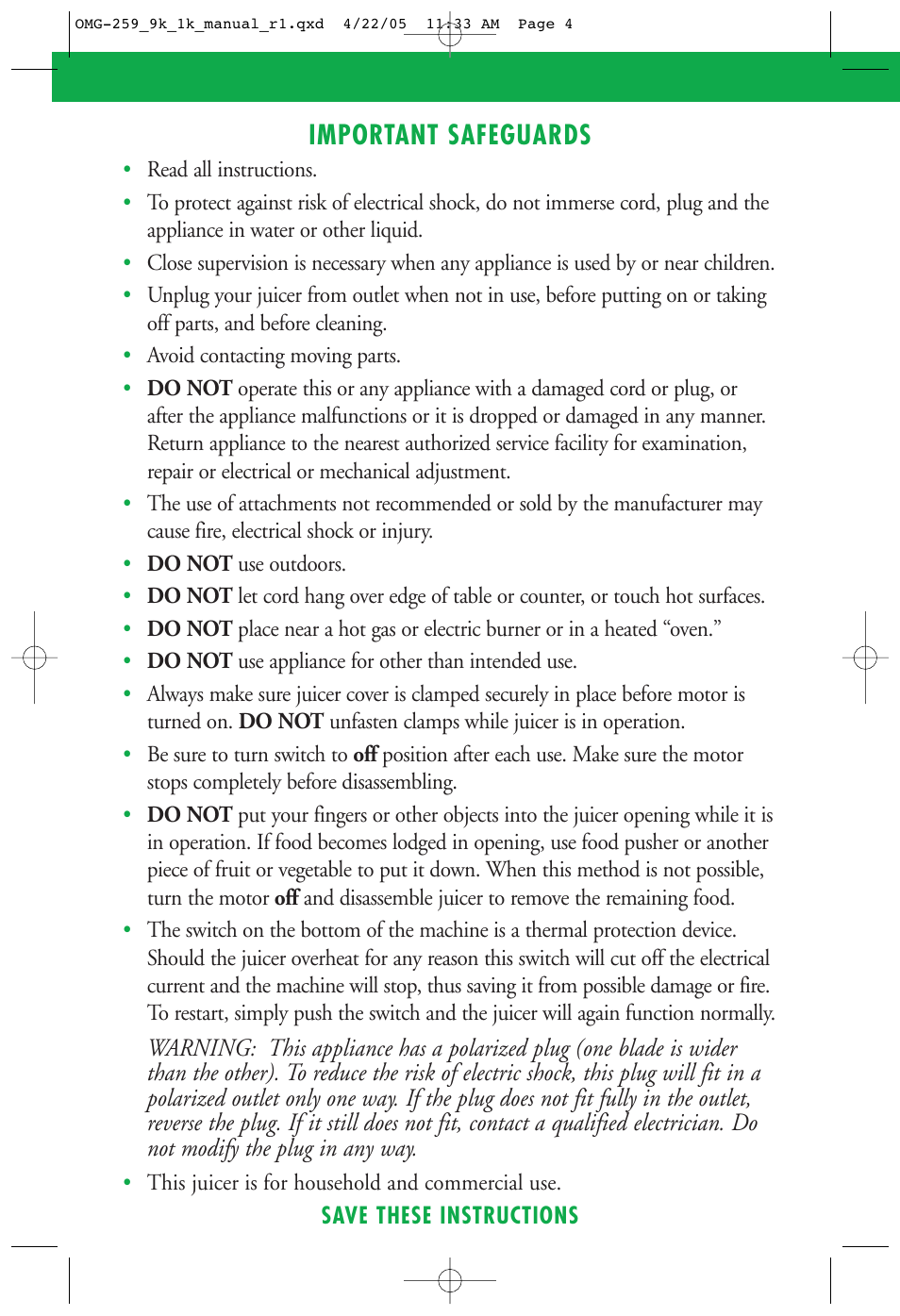 Important safeguards | Omega 9000 User Manual | Page 4 / 12