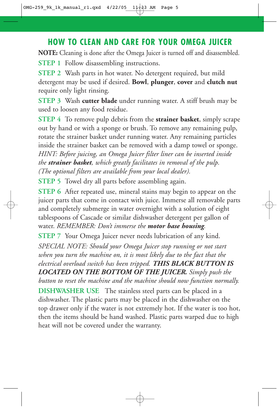 How to clean and care for your omega juicer | Omega 9000 User Manual | Page 5 / 12