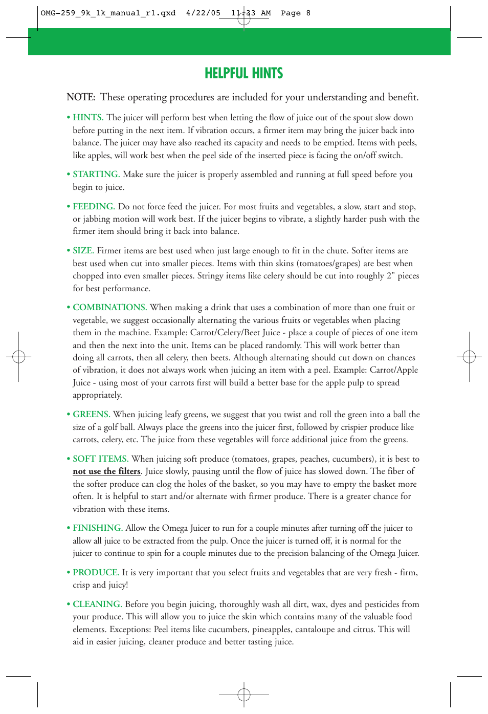 Helpful hints | Omega 9000 User Manual | Page 8 / 12