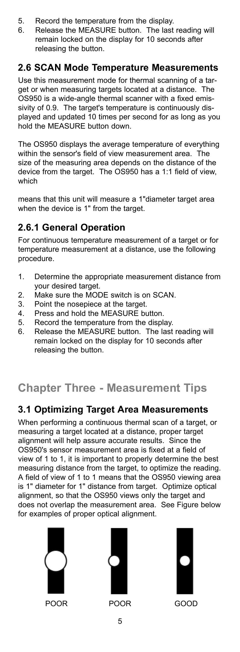 Chapter three - measurement tips, 6 scan mode temperature measurements, 1 general operation | 1 optimizing target area measurements | Omega OS950 User Manual | Page 10 / 18