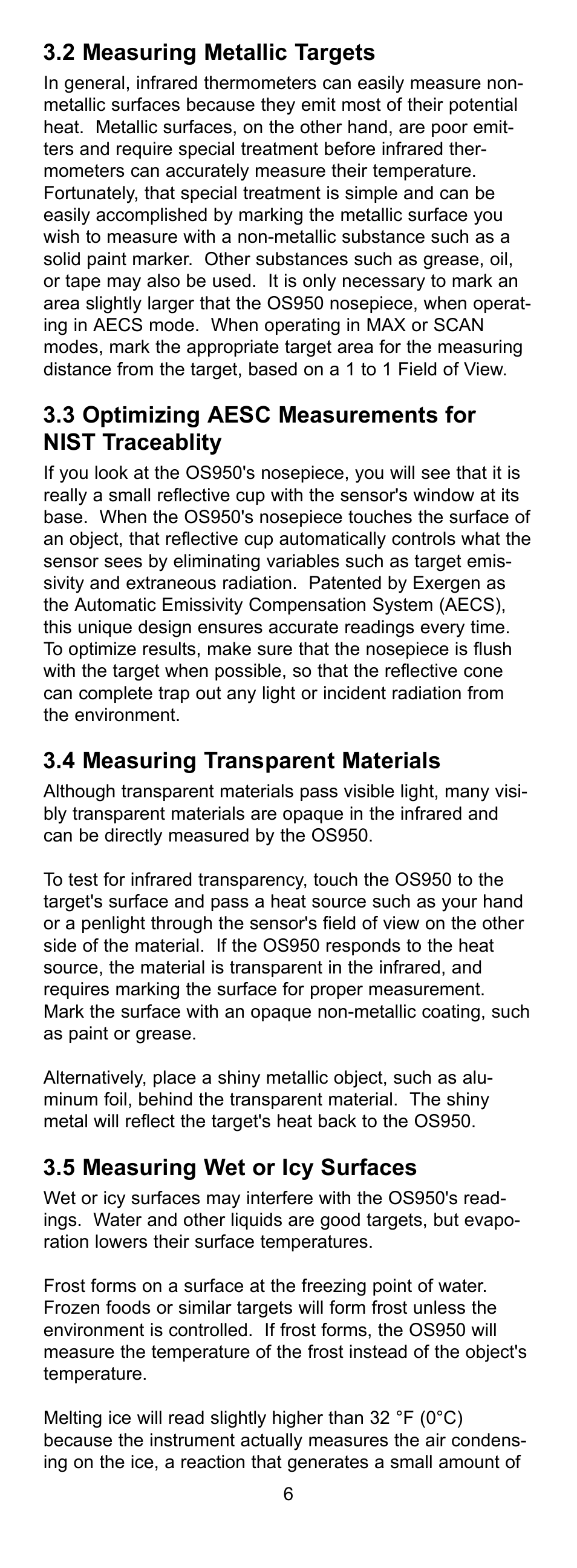 2 measuring metallic targets, 4 measuring transparent materials, 5 measuring wet or icy surfaces | Omega OS950 User Manual | Page 11 / 18