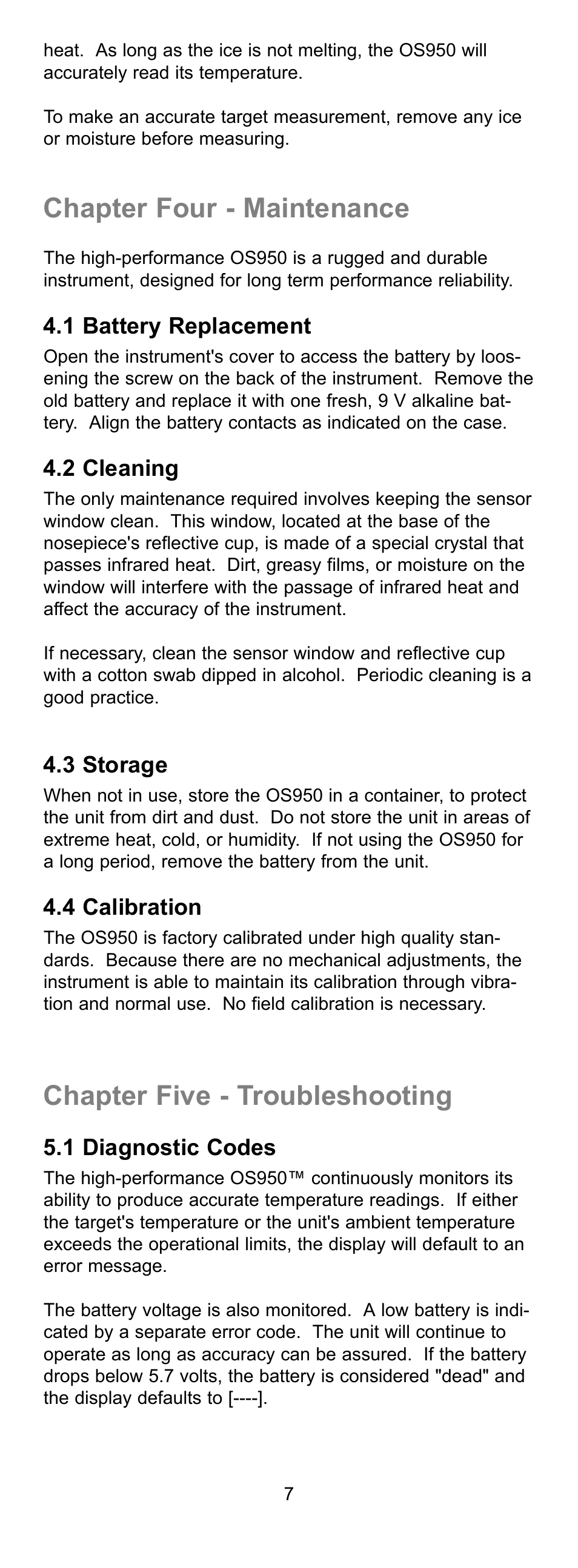 Chapter four - maintenance, Chapter five - troubleshooting | Omega OS950 User Manual | Page 12 / 18