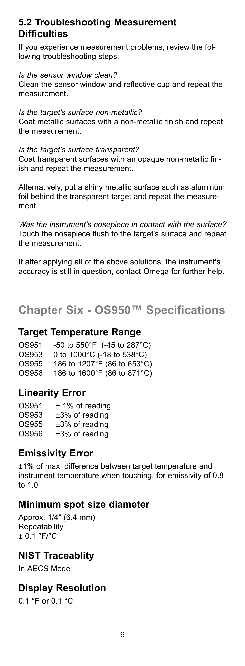 Chapter six - os950™ specifications, 2 troubleshooting measurement difficulties, Target temperature range | Linearity error, Emissivity error, Minimum spot size diameter, Nist traceablity, Display resolution | Omega OS950 User Manual | Page 14 / 18